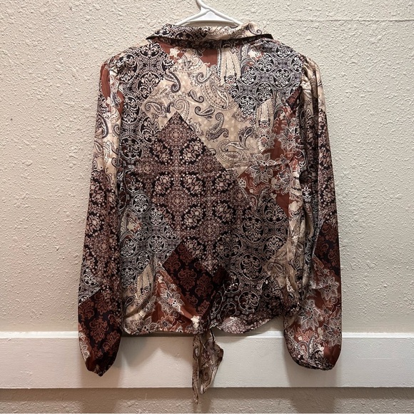 2 for 30✨ECLAIR Multi-Pattern Brown Tie Front Button Down Blouse - Picture 5 of 6